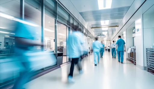 Corredor de hospital com médicos e enfermeiros