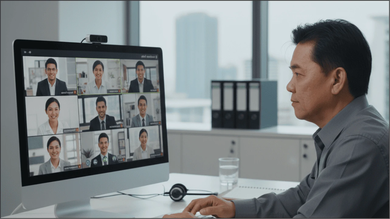 Homem em escritório participando de videoconferência com várias pessoas em tela
